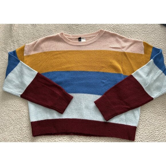 H&M Divided Womens Striped Knit Pink Gold Blue Burgundy Sweater CrewNeck Size S - Picture 4 of 8
